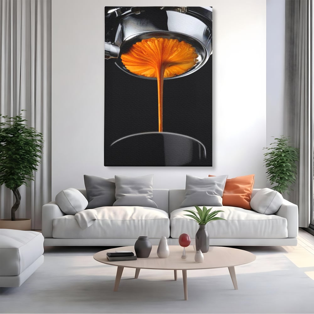 Tablou canvas cu tablou canvas cu jet de espresso, fara rama, pe sasiu de lemn, pe perete intr-un living